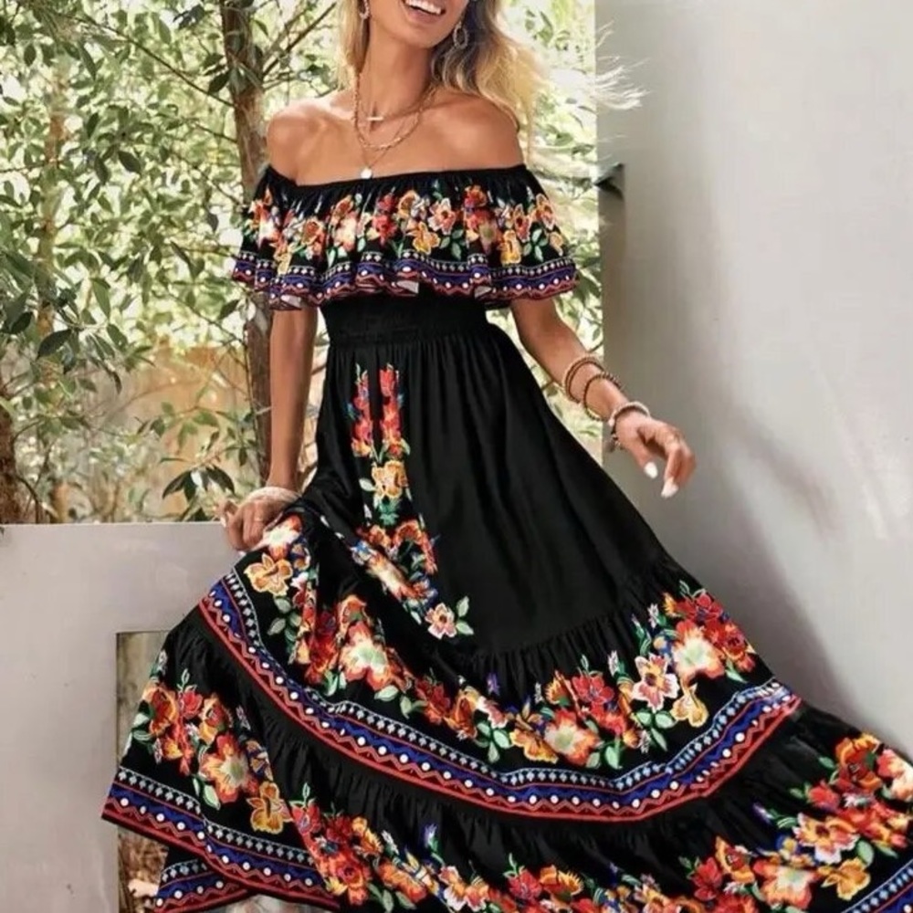 S-3XL Bamba Boho Maxi 2 floral / 2 ombré whimsy destination resort dress black - Picture 1 of 16